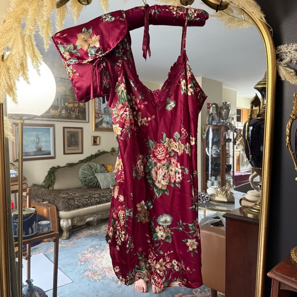 Dentelle 80s Vintage Magenta Floral Satin Lingerie w/ Hanger & Bag Made in USA - Picture 2 of 11